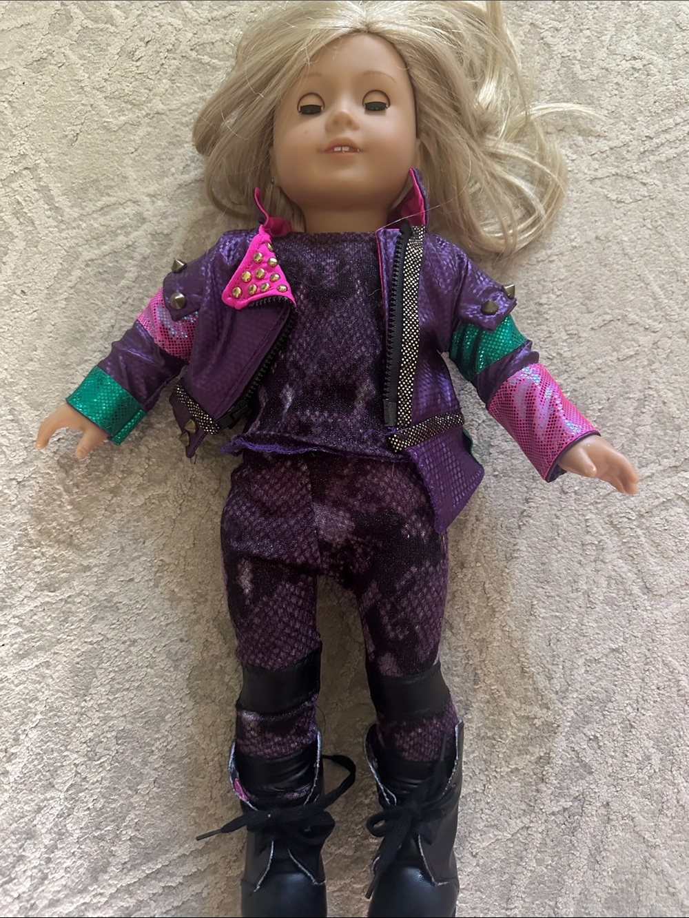 American Girl Blonde Doll with handmade Disney descendants costume